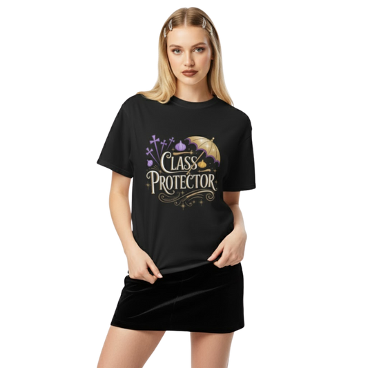 Model wearing a black t-shirt with gold and purple design reading ‘Class Protector’ featuring an umbrella and gothic flourishes.