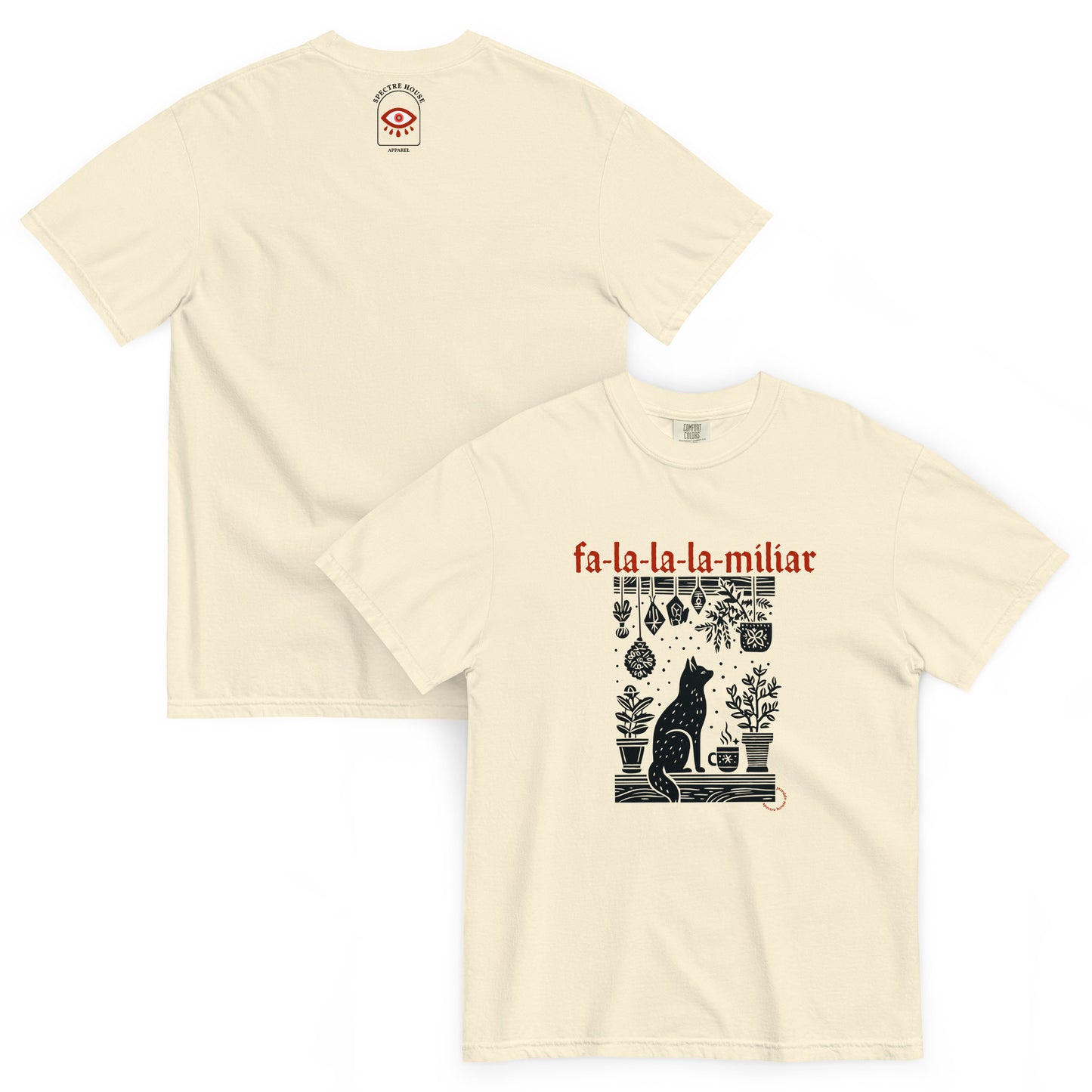 Back view of the Fa-La-La-La-Miliar Familiar Cat Holiday Tee in soft cream cotton with the Spectre House logo detail.