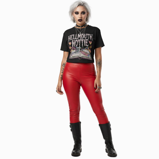 Model wearing black “Hellmouth Hottie” t-shirt with gothic lettering and flaming spellbook design, styled with red pants and boots for a bold alt-girl aesthetic.