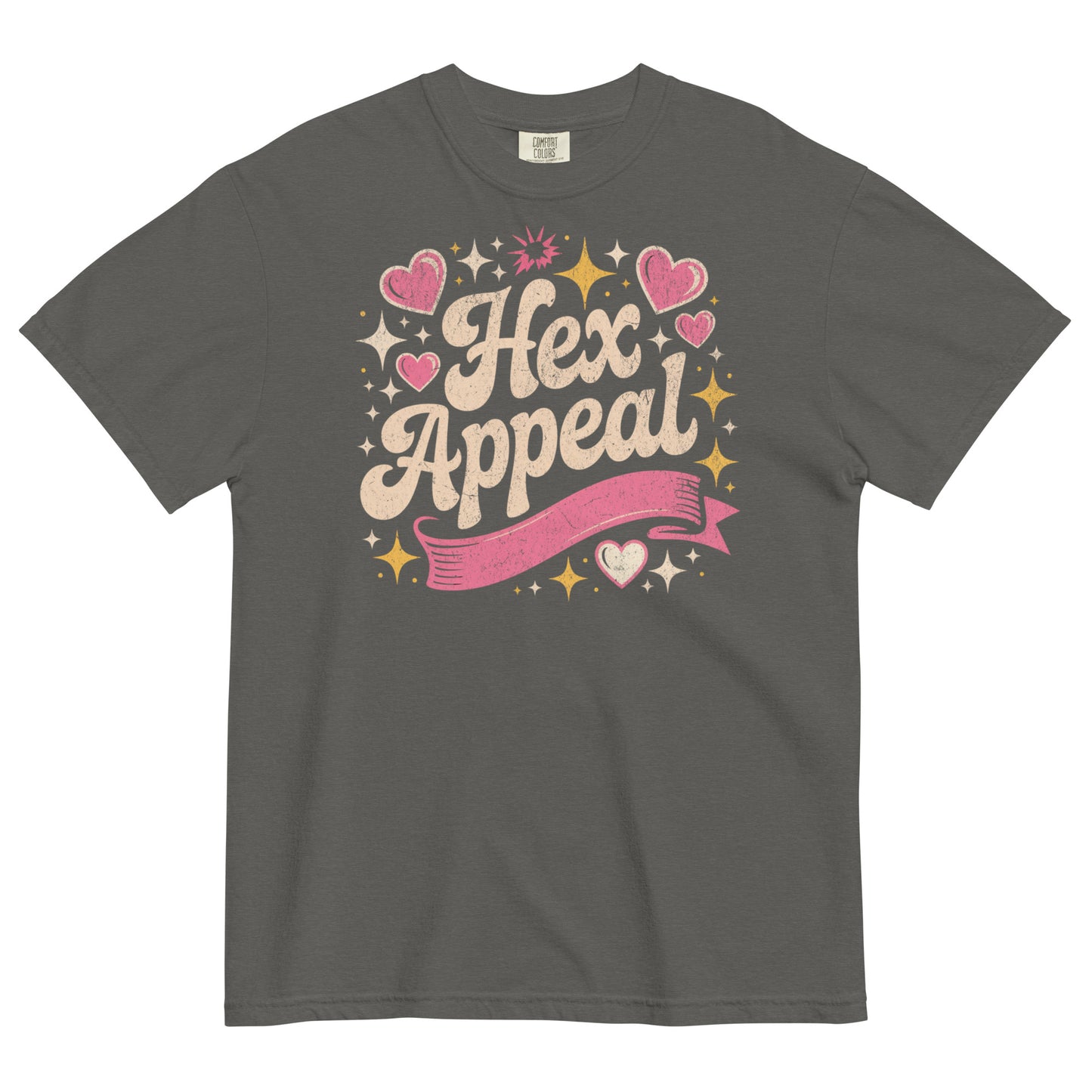 Pepper “Hex Appeal” t-shirt featuring retro typography, pink ribbon, and celestial hearts, a magical gothic-inspired design with vintage flair.