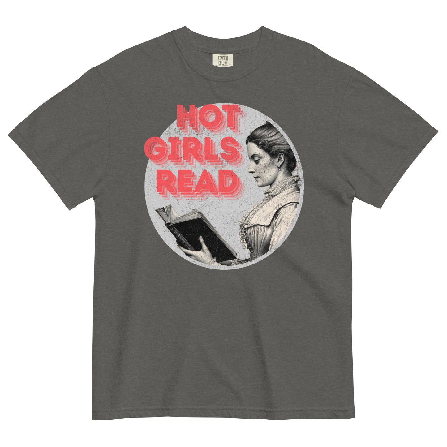 Pepper “Hot Girls Read” t-shirt with red vintage text and illustration of a woman reading, a gothic literary-inspired graphic tee for bookish babes.