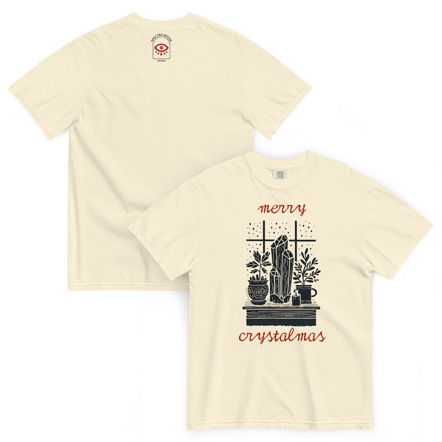 Front and back lay-flat display of ivory “Merry Crystalmas” T-shirt highlighting witchy crystal and candle design printed on soft Comfort Colors cotton.