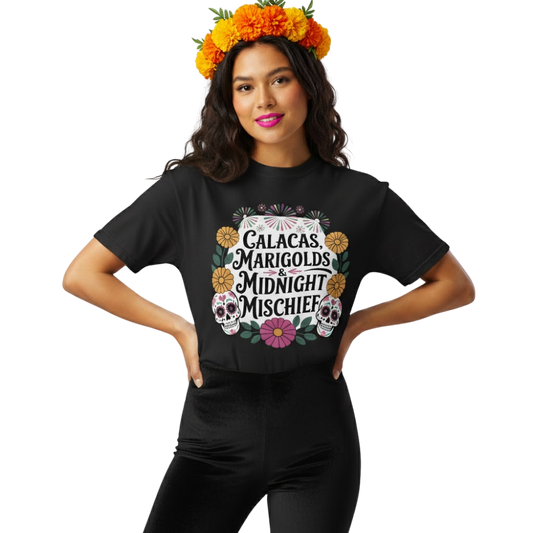 "Calacas, Marigolds & Midnight Mischief" Día de los Muertos Tee