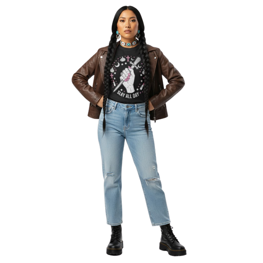 Model wearing black “Slay All Day” t-shirt with vampire-slaying stake graphic and pink details, styled with jeans and a leather jacket for an alt-girl aesthetic.