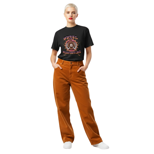 Model wearing black “Wheel of Misfortune” t-shirt with purple and orange mystical wheel design, styled for a gothic or witchy streetwear look.