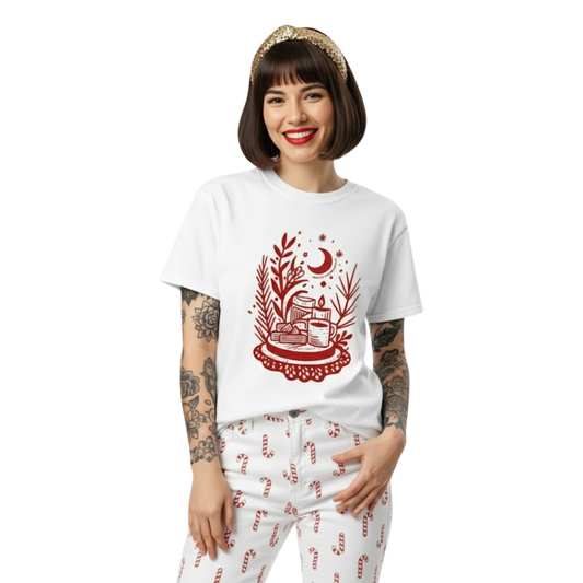 Woman wearing white witchy tea time T-shirt with red moon and teacup design, styled with patterned pants and casual cozy vibe.