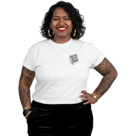 Woman wearing a white t-shirt with a logo on a white background