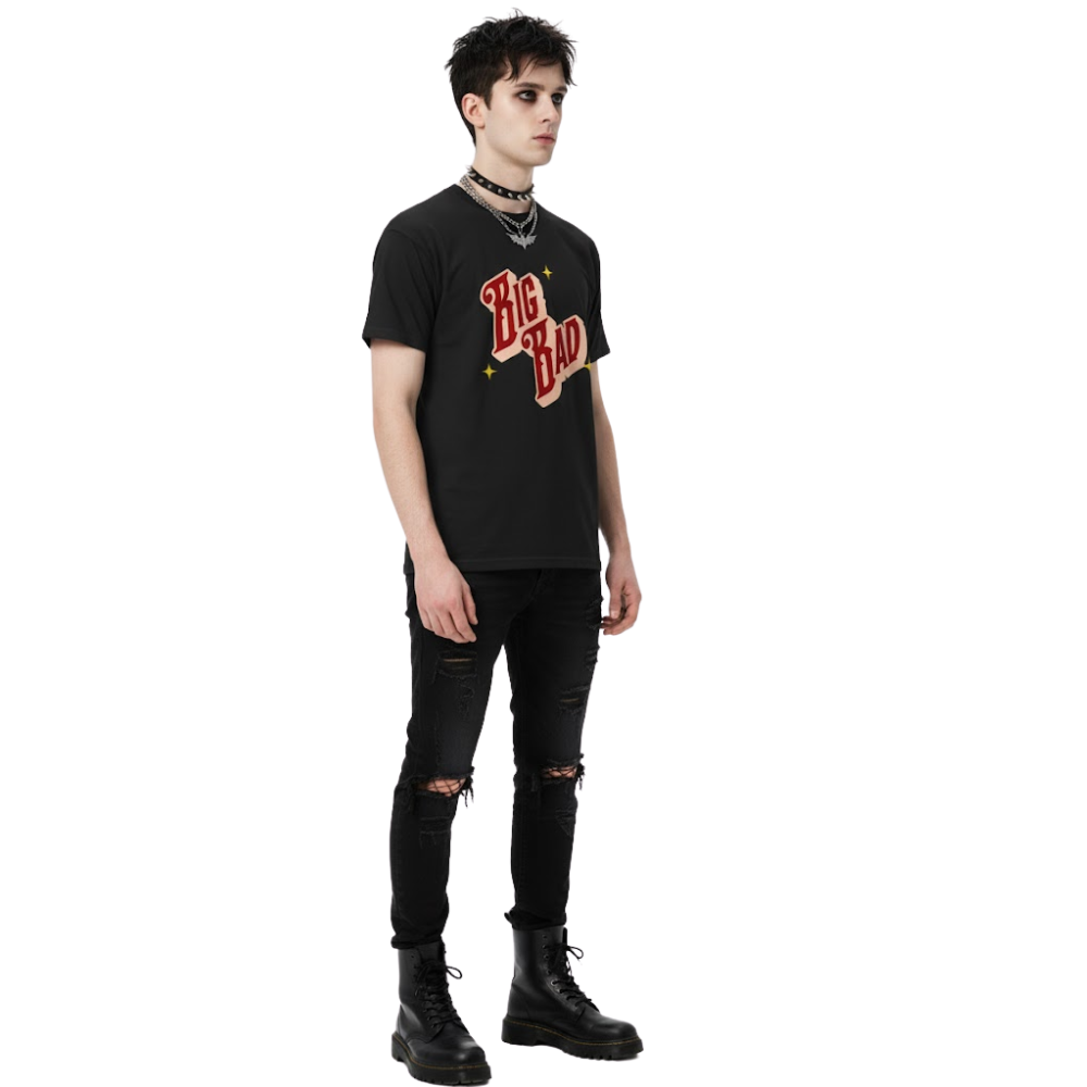 Model wearing a black t-shirt with bold red and cream retro text reading ‘Big Bad,’ styled with black jeans and dark aesthetic.
