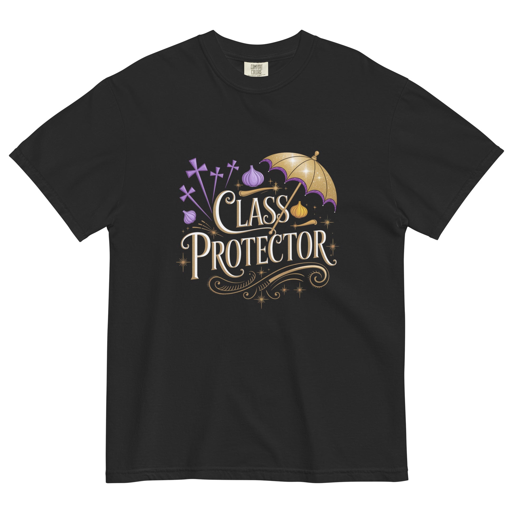 Black t-shirt laid flat featuring ornate text reading ‘Class Protector’ with a golden umbrella, purple crosses, and decorative swirls.