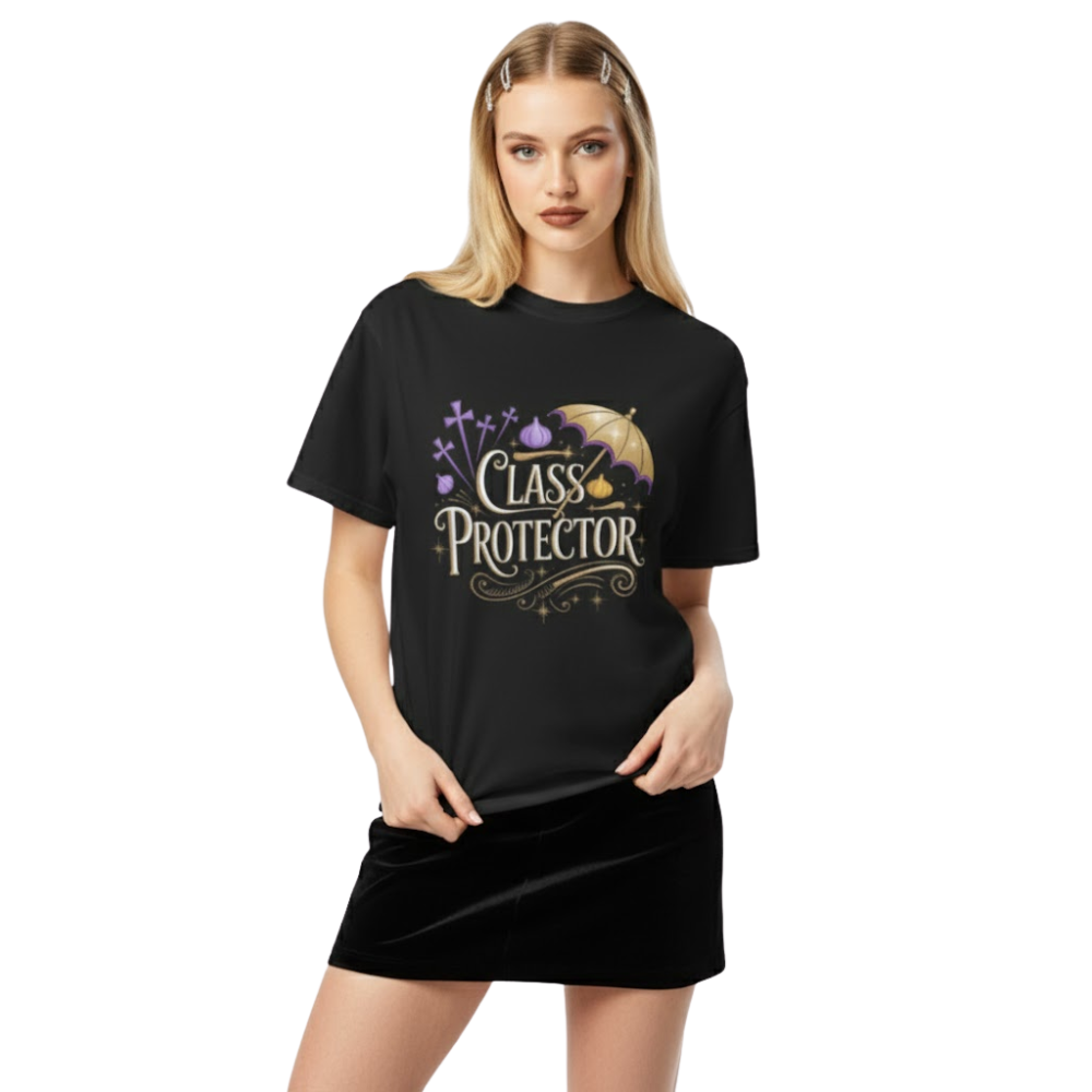 Model wearing a black t-shirt with gold and purple design reading ‘Class Protector’ featuring an umbrella and gothic flourishes.