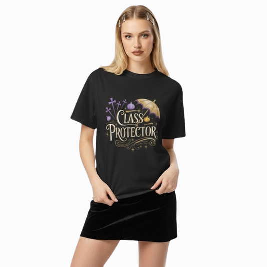 Model wearing a black t-shirt with gold and purple design reading ‘Class Protector’ featuring an umbrella and gothic flourishes.