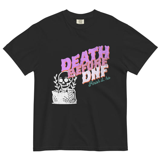 Black t-shirt featuring bold pink and orange “Death Before DNF” text with a skeleton illustration, a darkly funny vintage-inspired graphic tee with gothic edge.