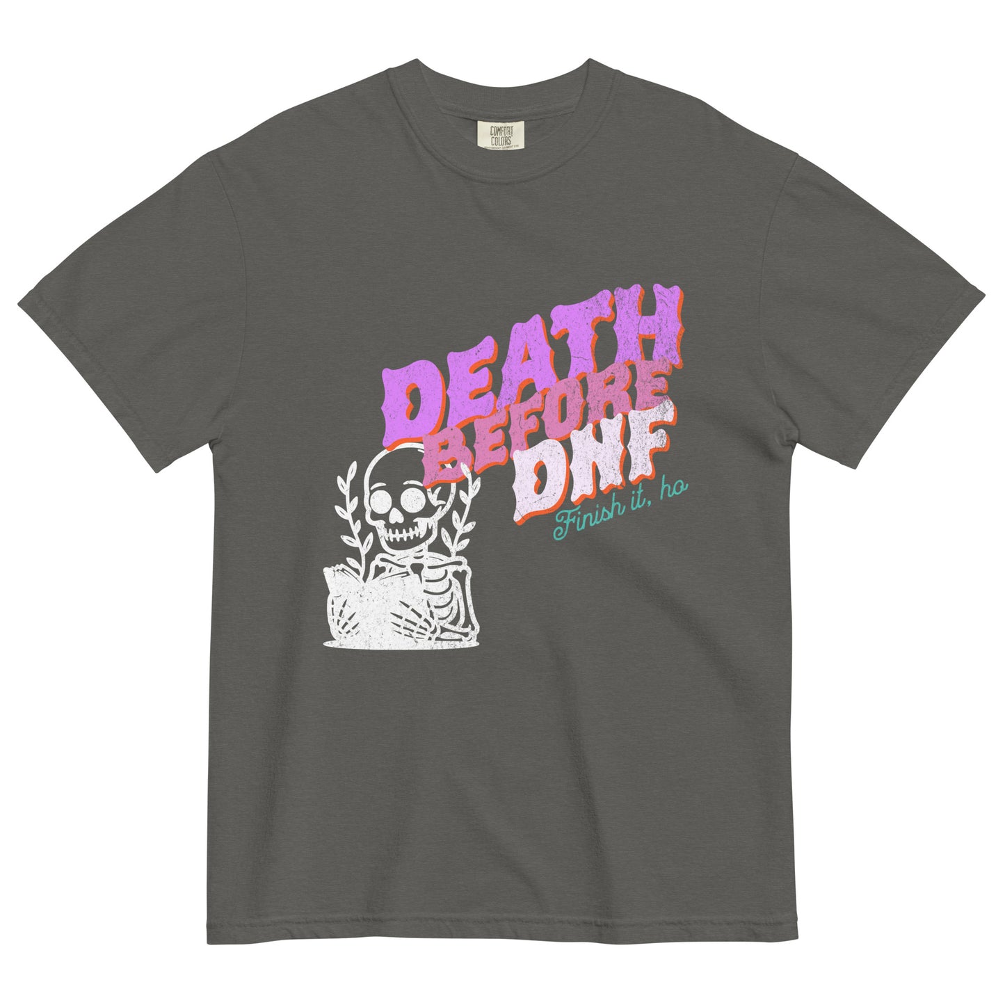 Pepper version of the “Death Before DNF” t-shirt featuring a skeleton and vintage lettering, a moody gothic-style statement piece.