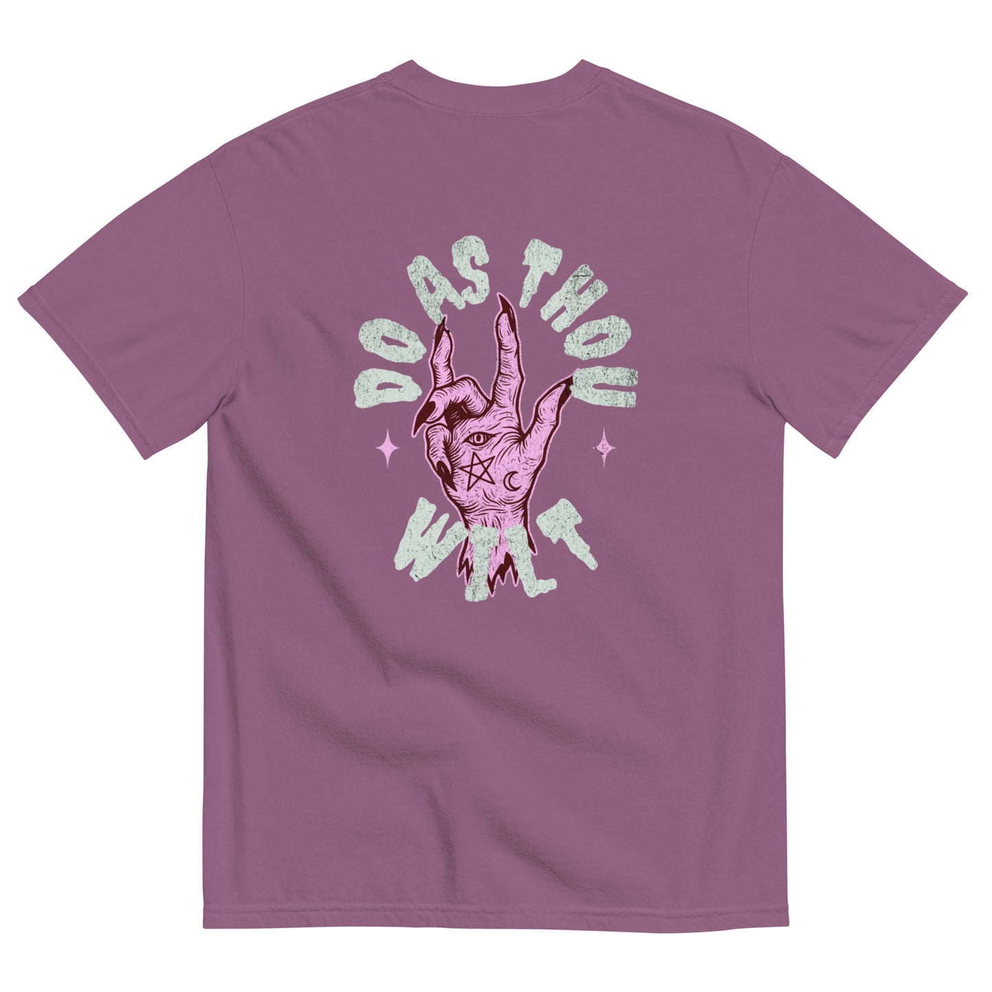 Do As Thou Wilt T-shirt in berrypurple showing pink mystical hand and vintage-style lettering