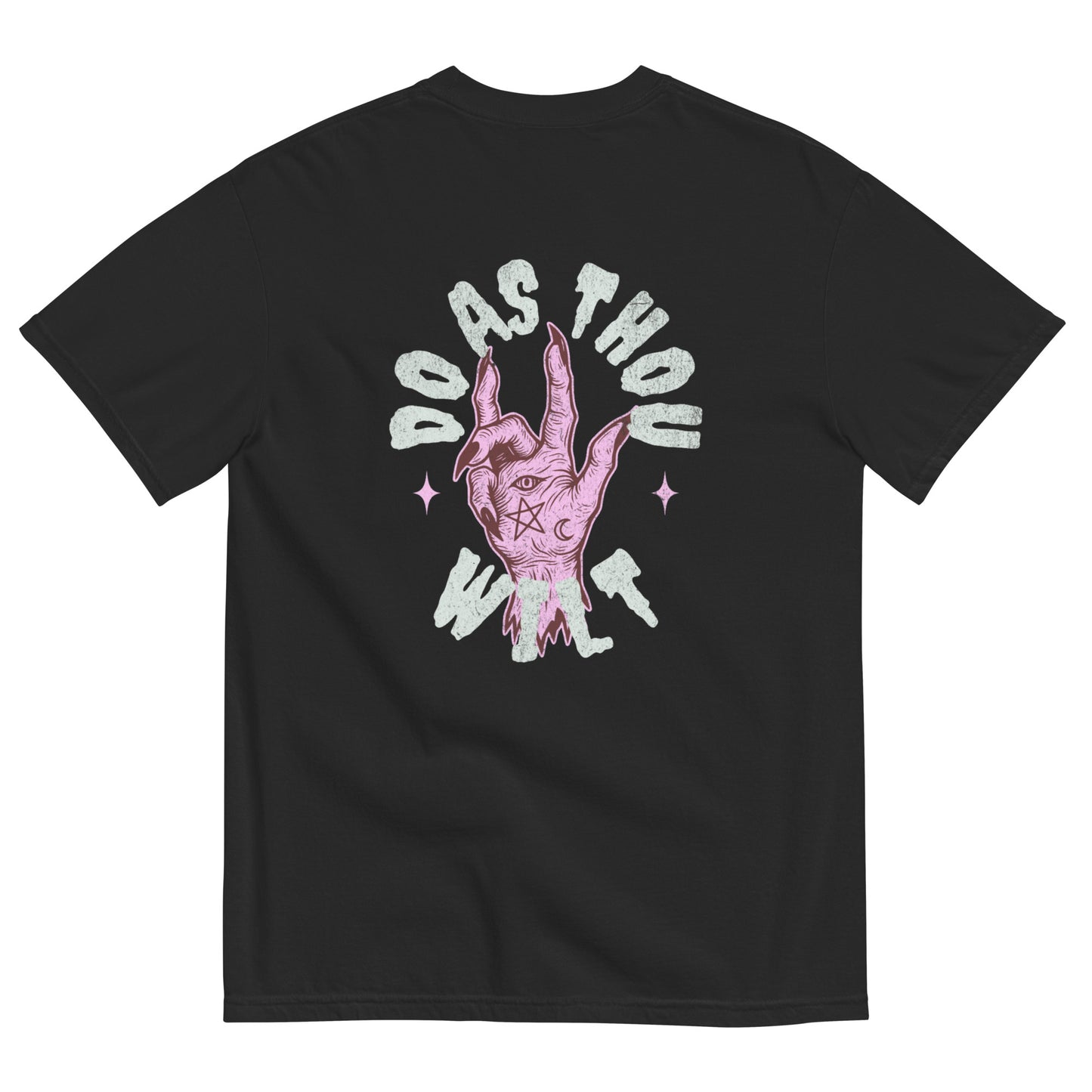 Do As Thou Wilt T-shirt in black showing pink hand and gothic lettering back print