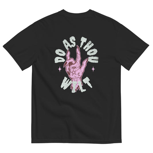Do As Thou Wilt T-shirt in black showing pink hand and gothic lettering back print