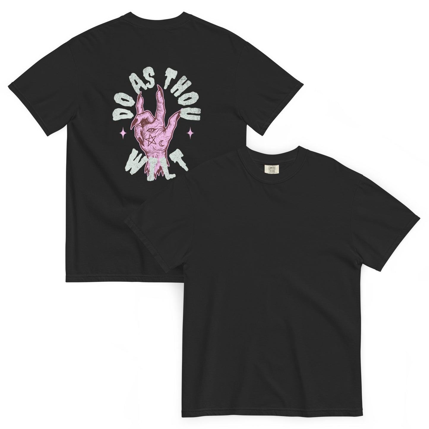 Do As Thou Wilt T-shirt in black showing plain front and mystical pink hand back print with gothic lettering