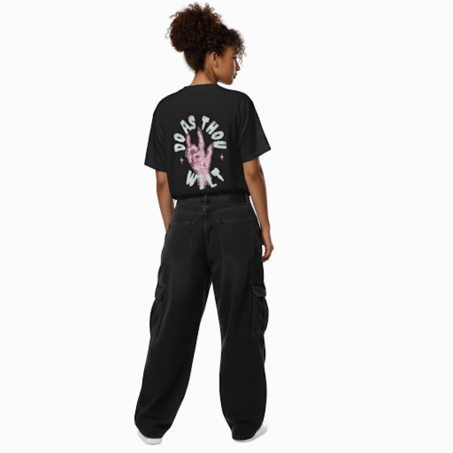 Model wearing black Do As Thou Wilt T-shirt featuring pink hand and mystical text design on back