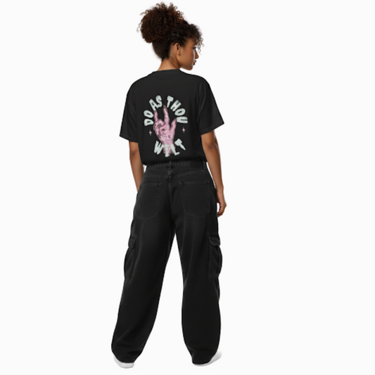 Model wearing black Do As Thou Wilt T-shirt featuring pink hand and mystical text design on back
