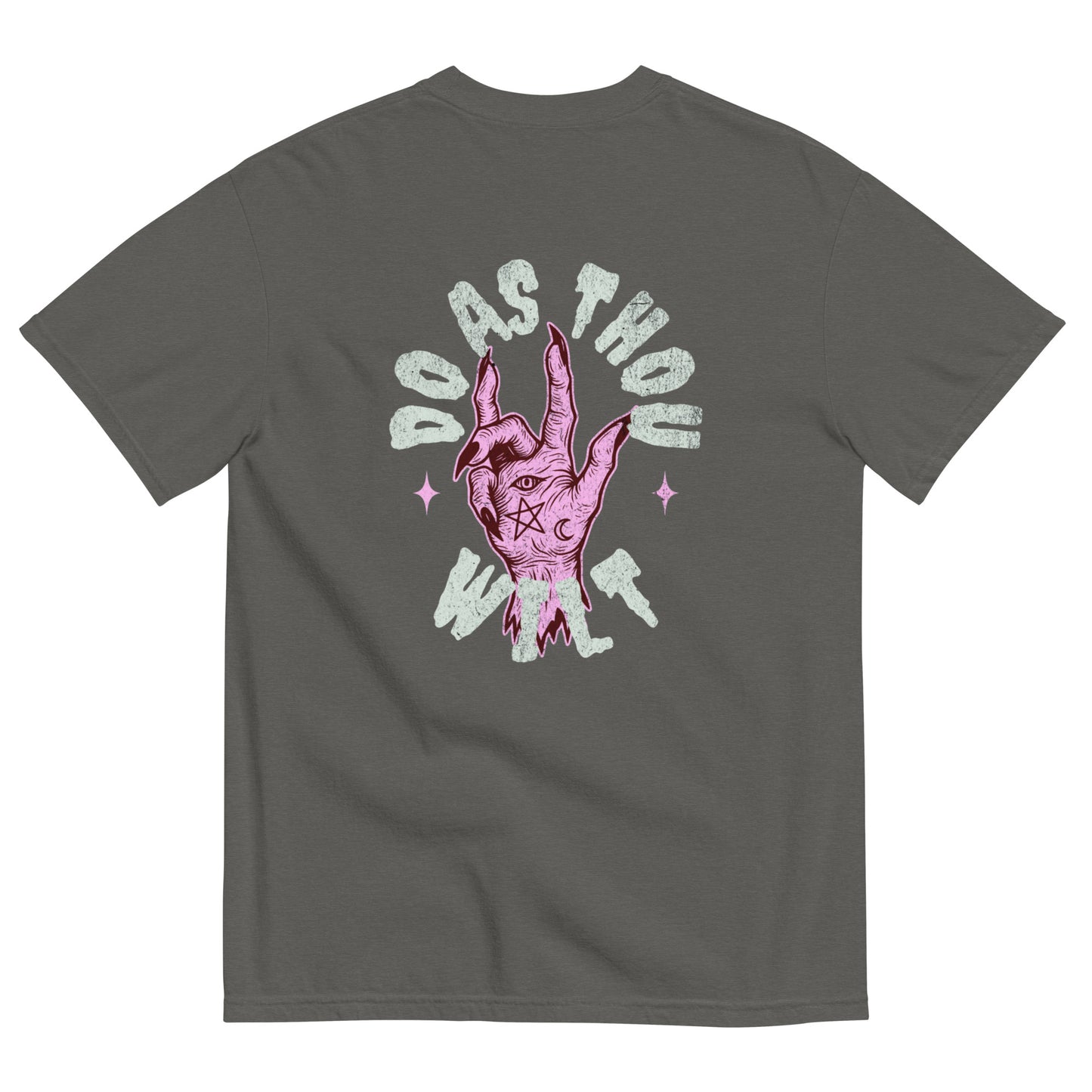 Do As Thou Wilt T-shirt in dark gray featuring pink mystical hand and retro-inspired back print