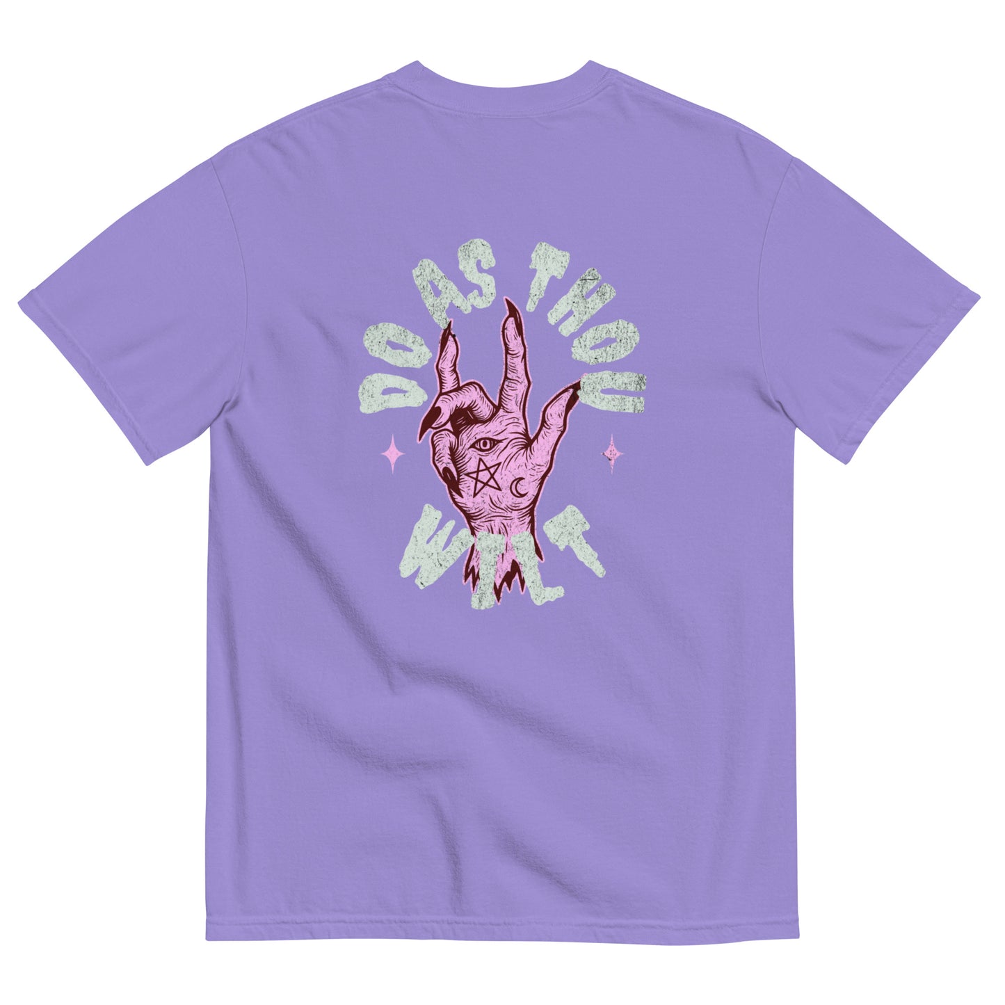 Do As Thou Wilt T-shirt in violet with pink occult hand design and gothic script printed on back
