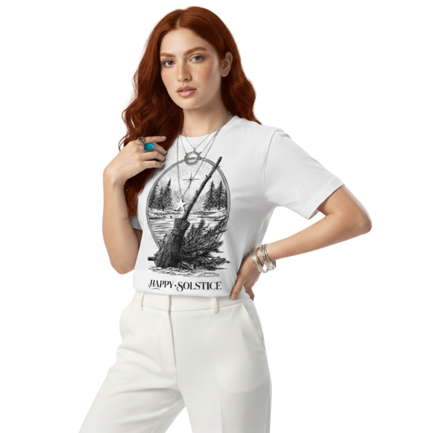 Woman wearing white “Happy Solstice” T-shirt with witchy forest broom design, styled with light jeans and casual pose.