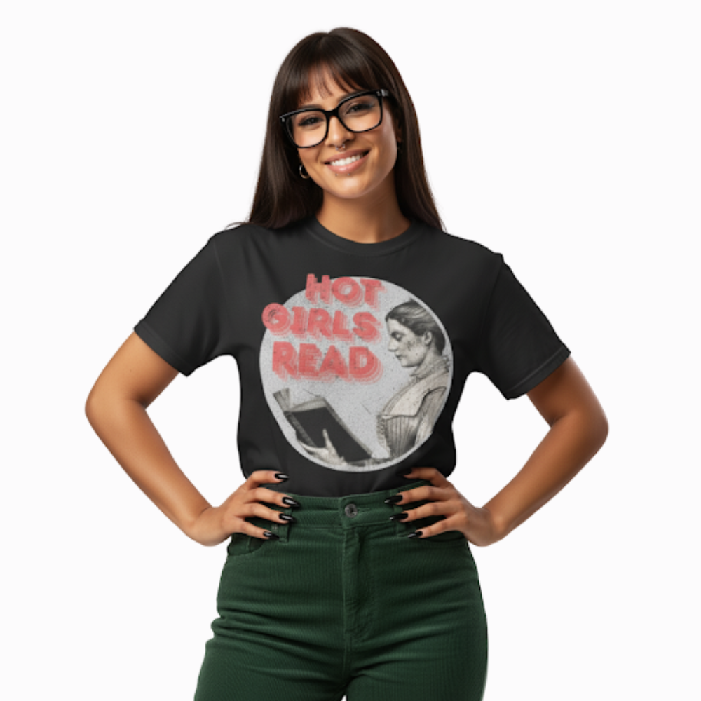 Model wearing black “Hot Girls Read” t-shirt featuring bold red text and vintage illustration, styled for a dark academia or indie reader aesthetic.