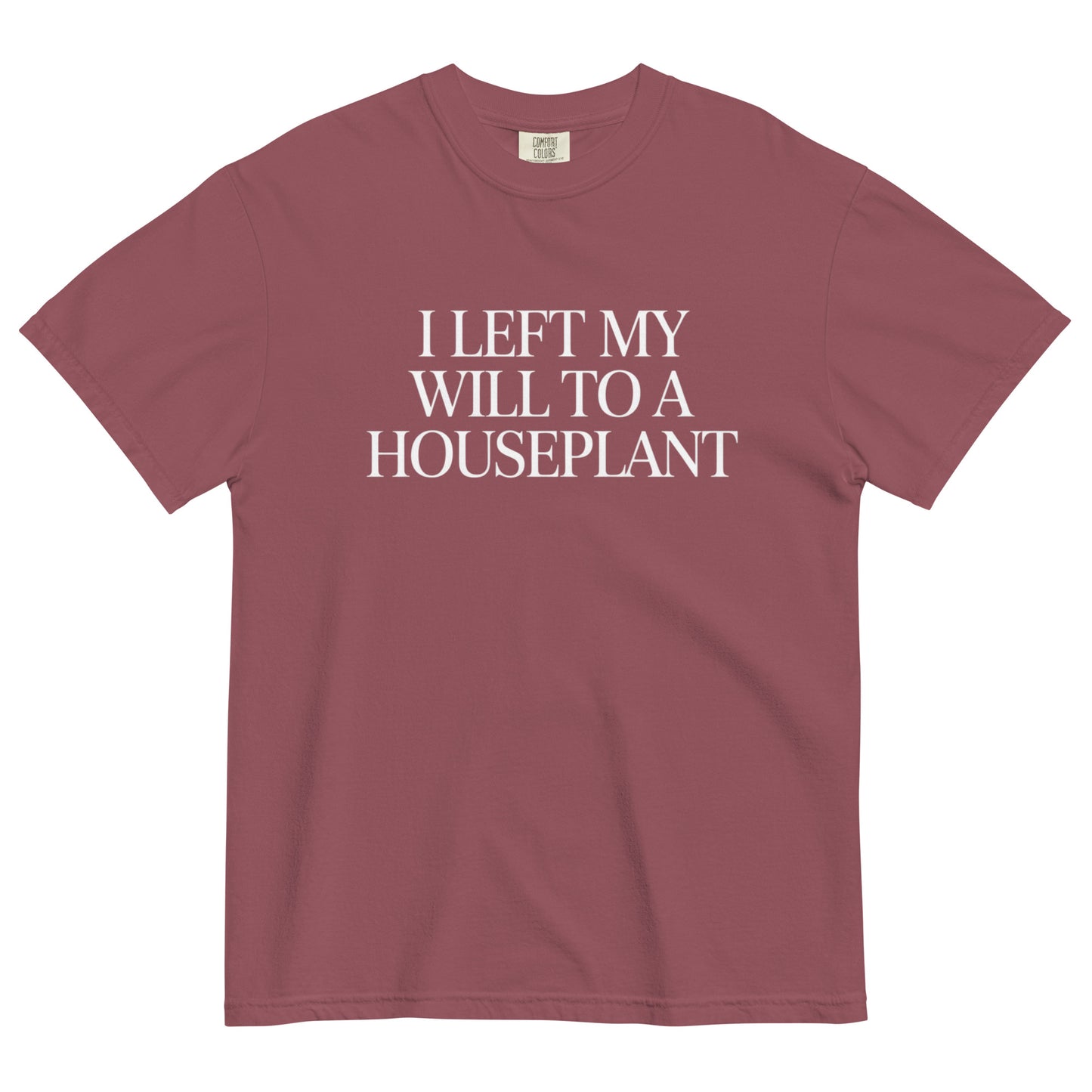 Brick “I Left My Will to a Houseplant” t-shirt featuring understated white serif text, a playful morbid design for cozy alt fashion lovers.