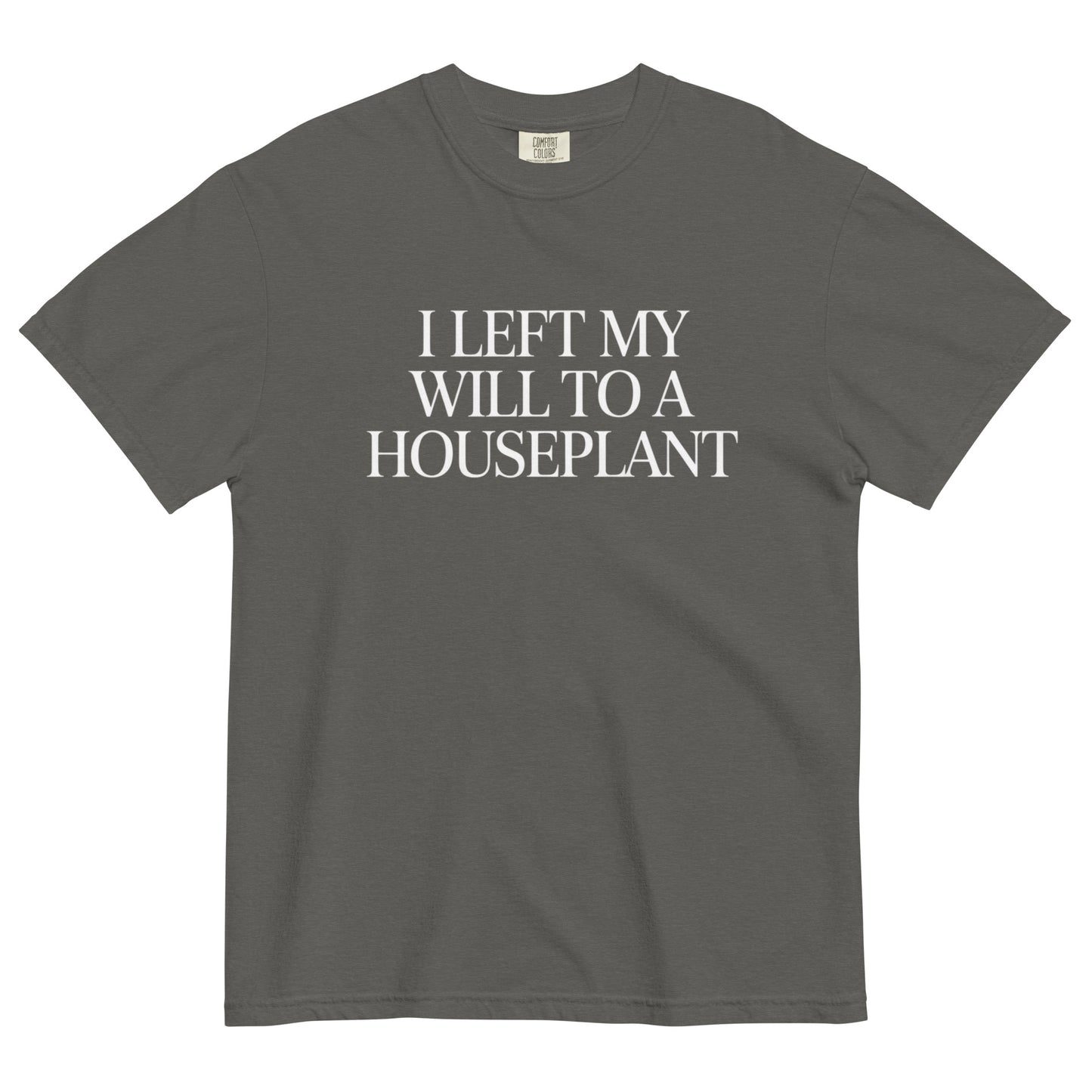 Pepper “I Left My Will to a Houseplant” t-shirt with minimalist white lettering, blending dark humor with soft goth aesthetic.