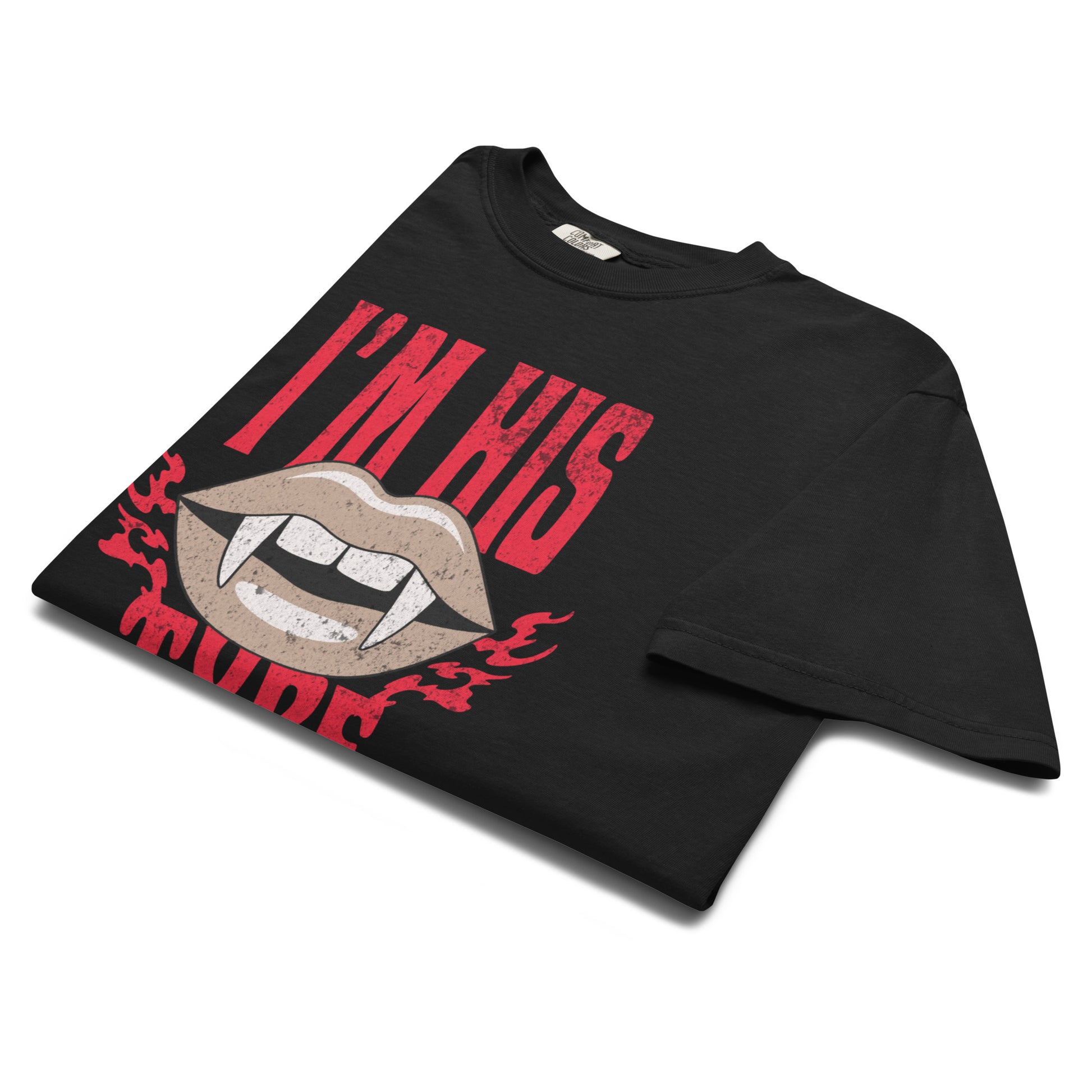 Folded black “I’m His Type” t-shirt flat lay showing vampiric lip and fang design, perfect for spooky season outfits and lovers of dark romantic fashion.