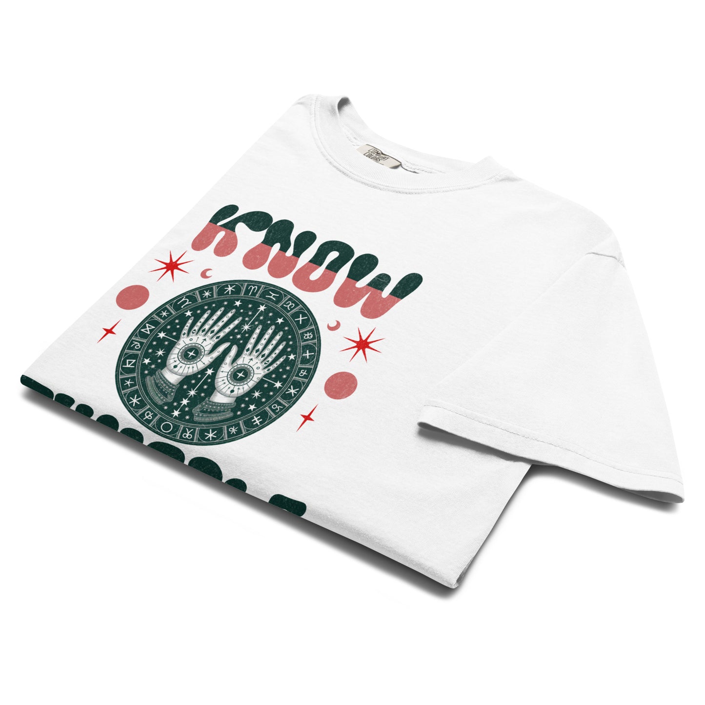 Folded white “Know Thyself” t-shirt flat lay featuring celestial hand illustration with vintage typography, perfect for lovers of occult, tarot, and alt fashion.
