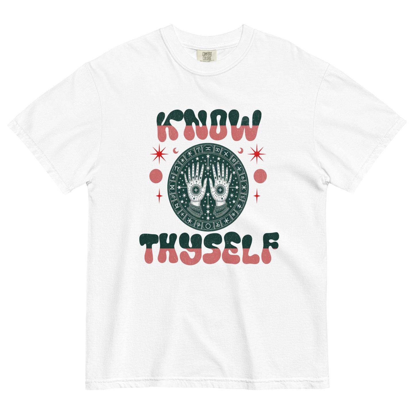 White t-shirt lay flat featuring green and red “Know Thyself” text with an all-seeing eye and mystical hand design, a retro occult-inspired graphic tee with vintage flair.
