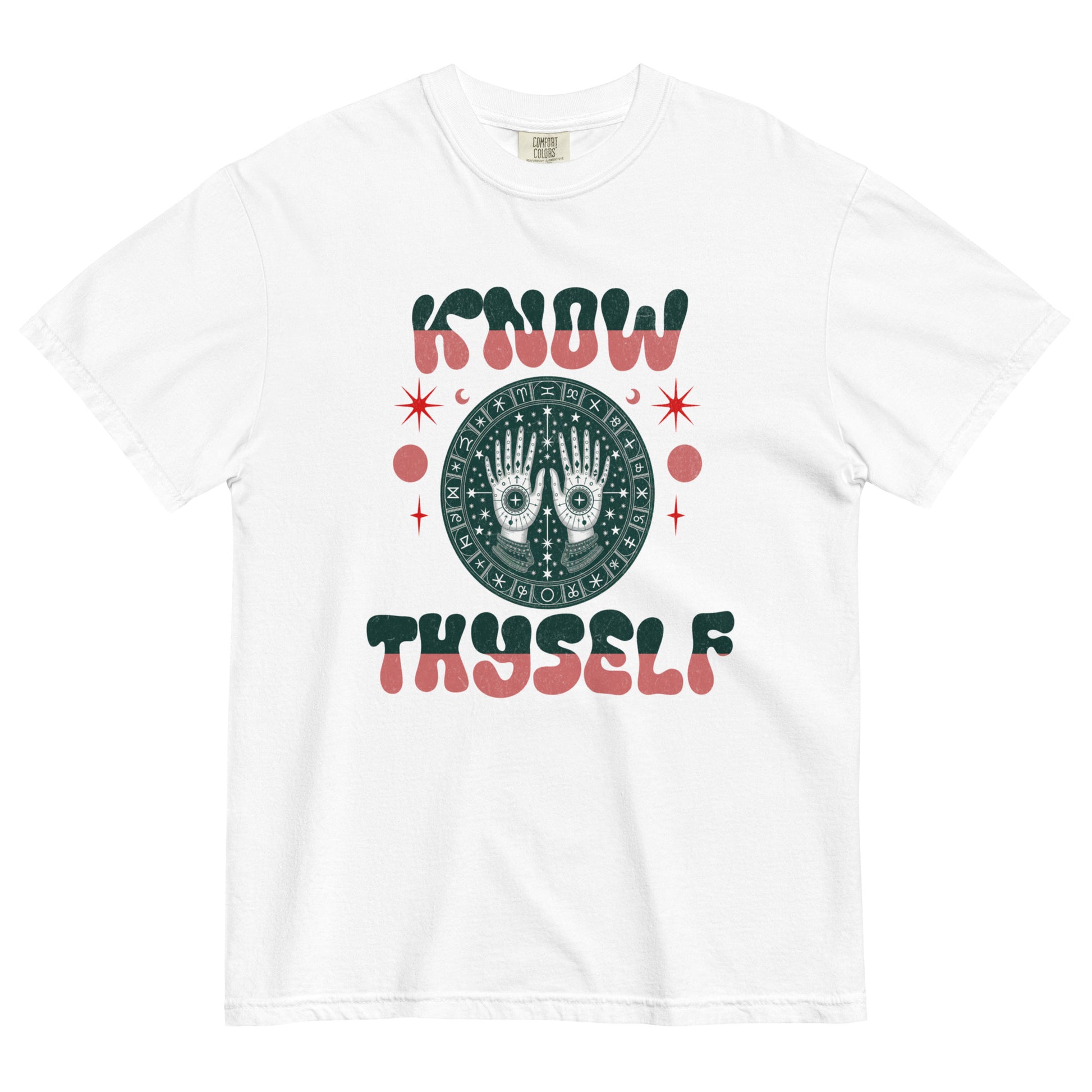 White t-shirt lay flat featuring green and red “Know Thyself” text with an all-seeing eye and mystical hand design, a retro occult-inspired graphic tee with vintage flair.