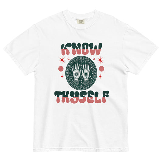 White t-shirt lay flat featuring green and red “Know Thyself” text with an all-seeing eye and mystical hand design, a retro occult-inspired graphic tee with vintage flair.