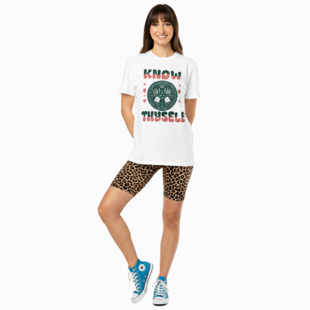 Model wearing white “Know Thyself” t-shirt showing green mystical hand and eye symbol, styled for a witchy, 70s-inspired streetwear look.