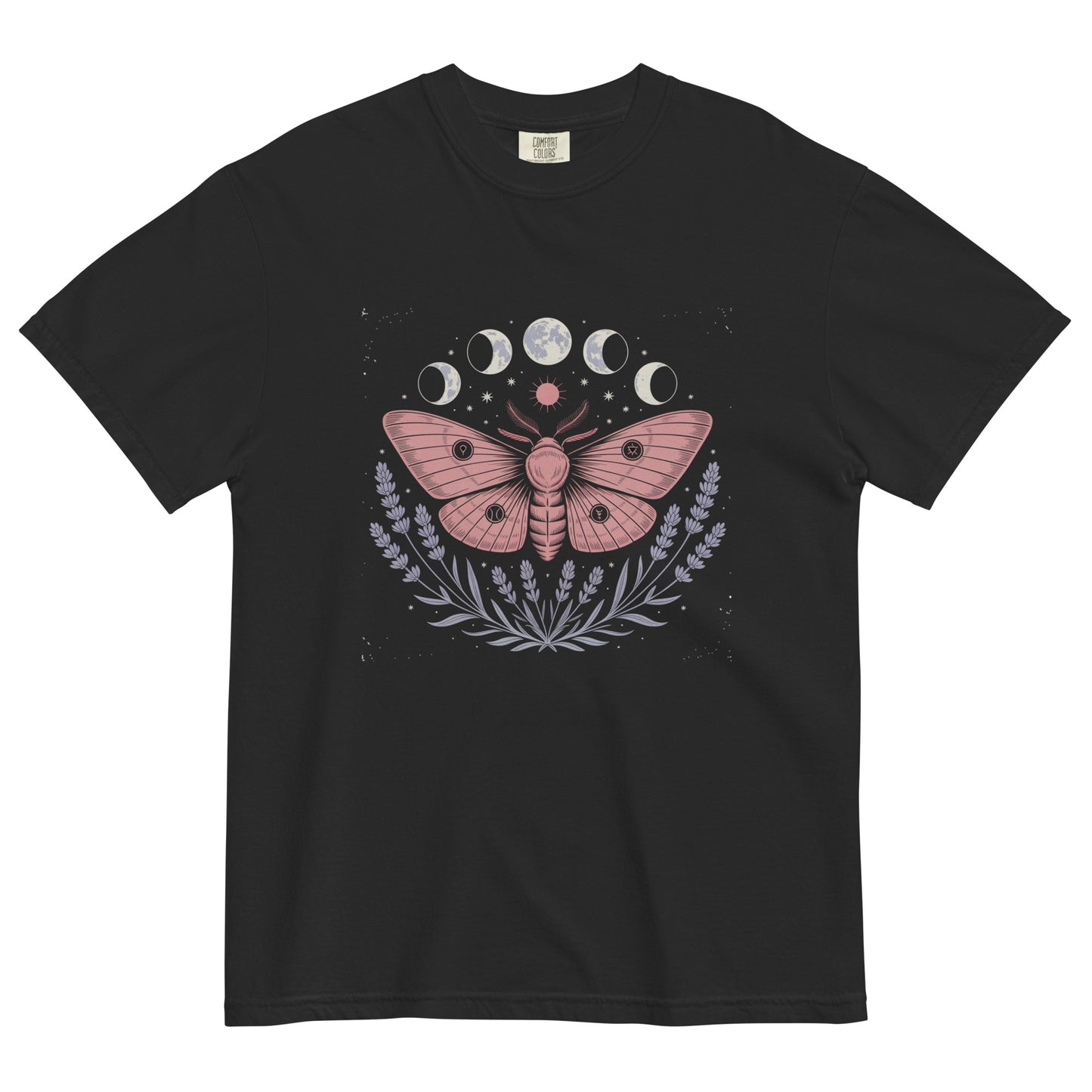 Black t-shirt lay flat featuring a pink luna moth surrounded by moon phases and lavender fern leaves, a celestial witchy graphic tee with soft gothic energy.