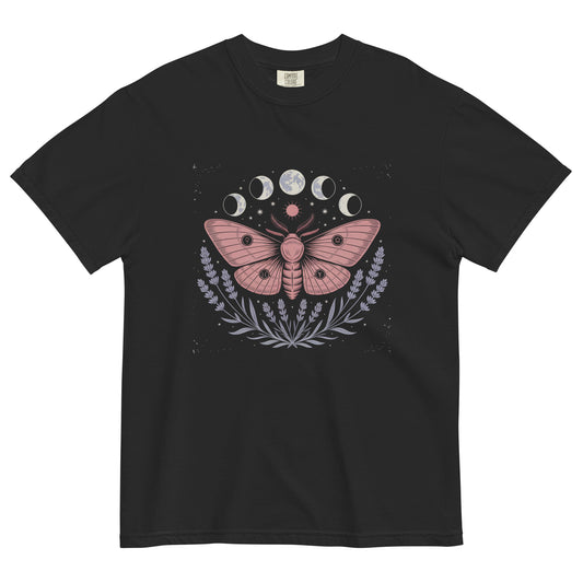 Black t-shirt lay flat featuring a pink luna moth surrounded by moon phases and lavender fern leaves, a celestial witchy graphic tee with soft gothic energy.