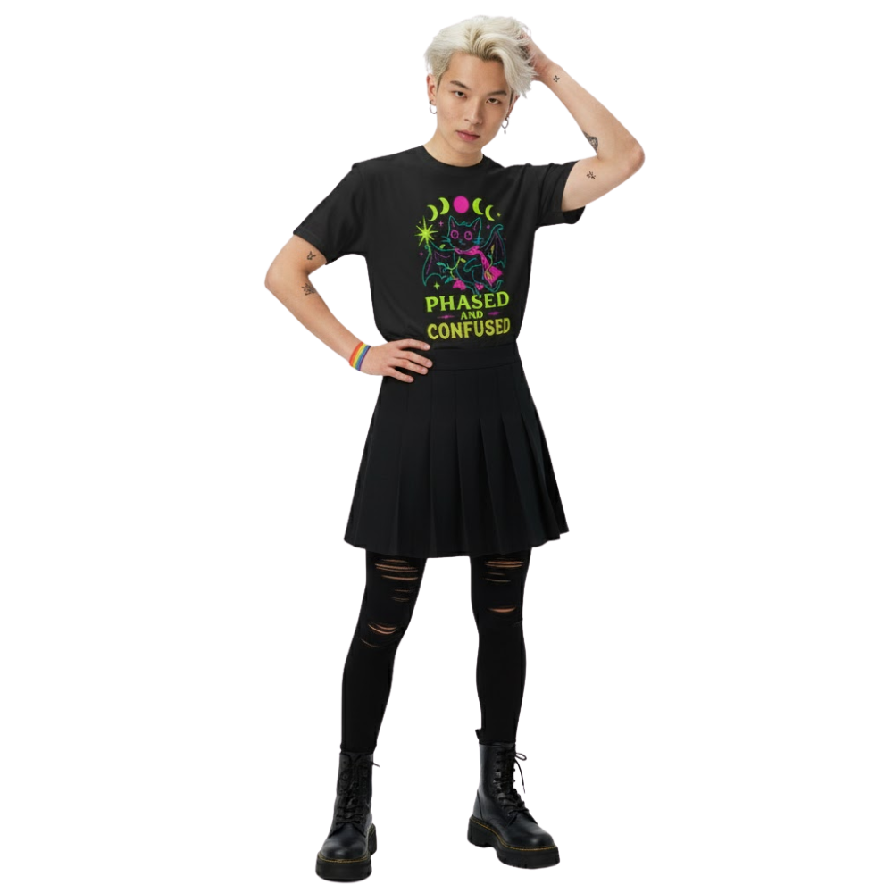 Model wearing the Phased and Confused bat t-shirt styled with a black skirt and boots, showing off the neon moon phase graphic and playful occult-inspired design.