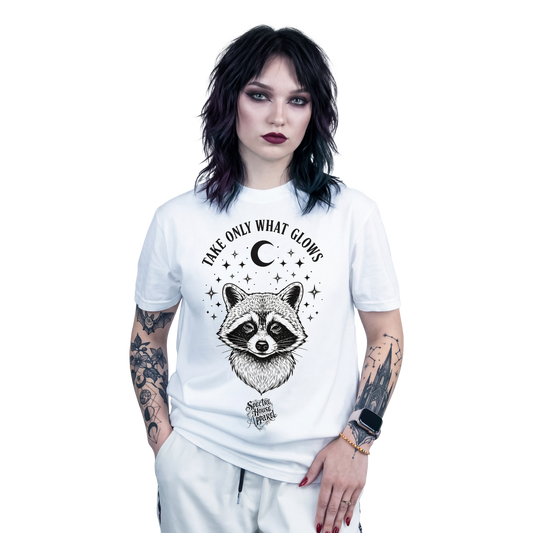 Take Only What Glows Raccoon Tee – Witchy Aesthetic Shirt, Dark Cottagecore Graphic Tee, Spooky Cute Forest Animal Top