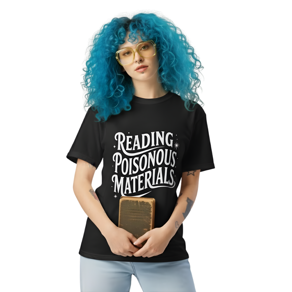Model wearing black “Reading Poisonous Materials” t-shirt with whimsical white script and star accents, styled for an alternative bookish aesthetic.