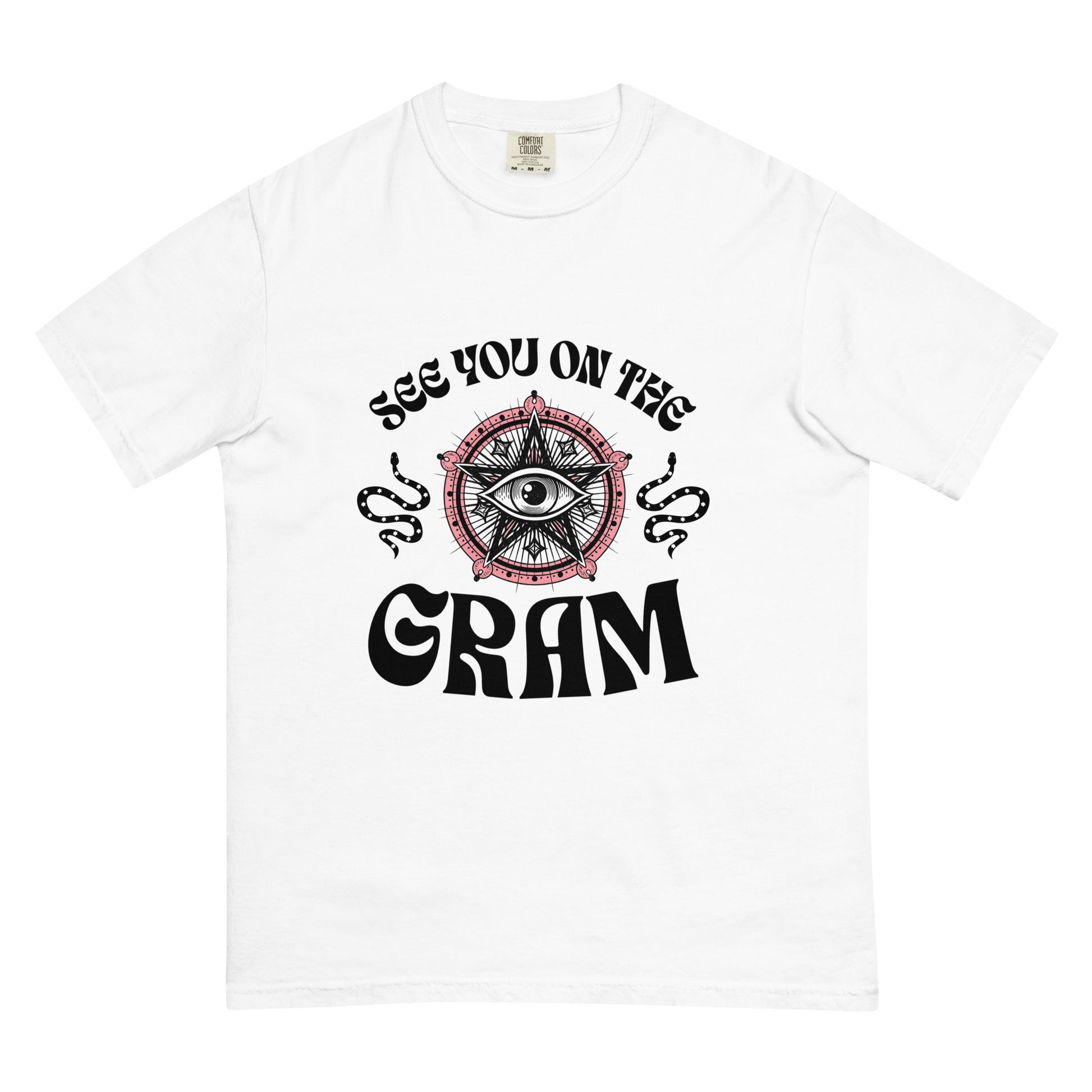 White t-shirt with all-seeing eye design and gothic text reading “See You on the Gram,” a sarcastic vintage-inspired graphic tee about social media culture.