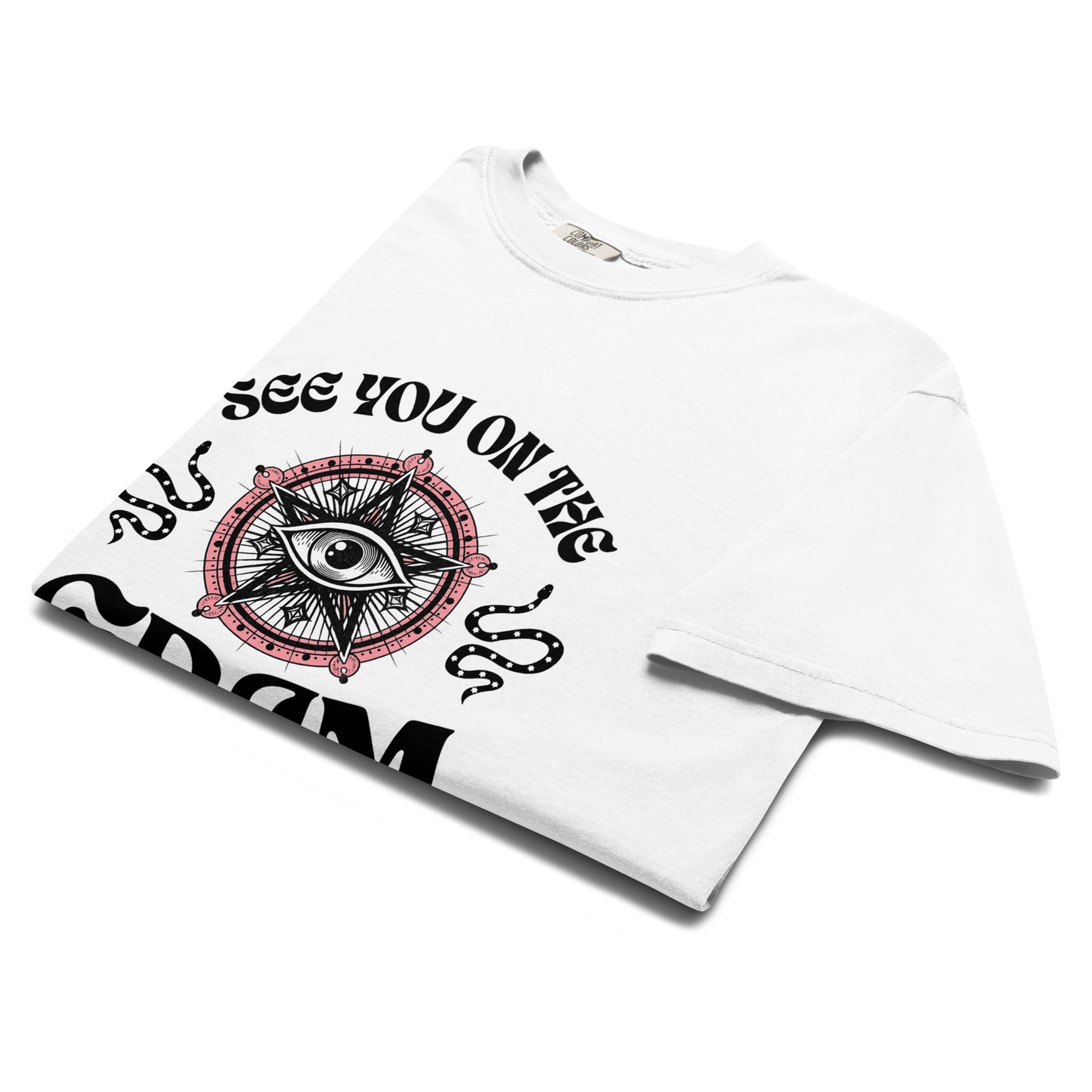 Folded white “See You on the Gram” t-shirt flat lay with detailed eye illustration and curved gothic lettering, perfect for fans of ironic, mystical streetwear.
