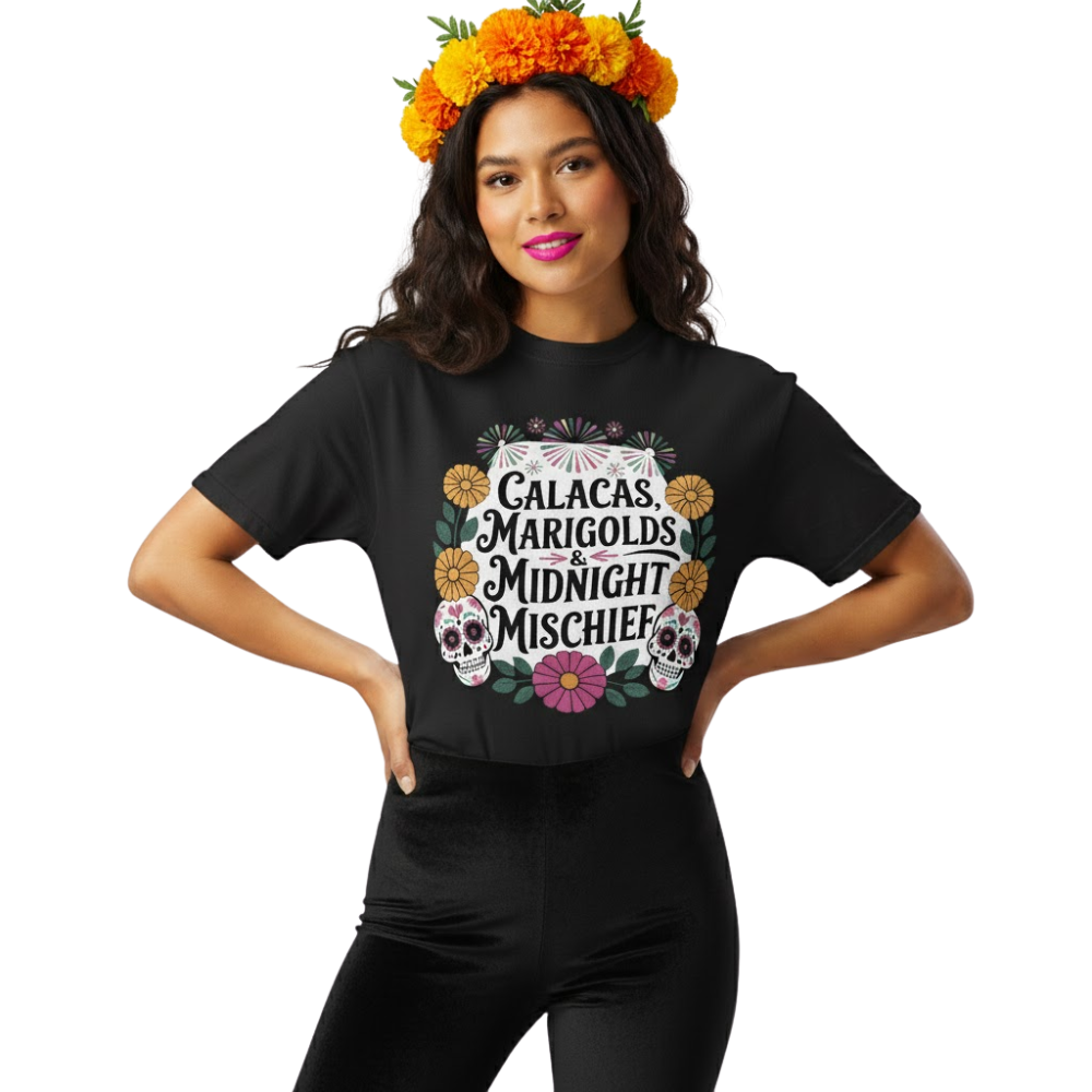"Calacas, Marigolds & Midnight Mischief" Día de los Muertos Tee
