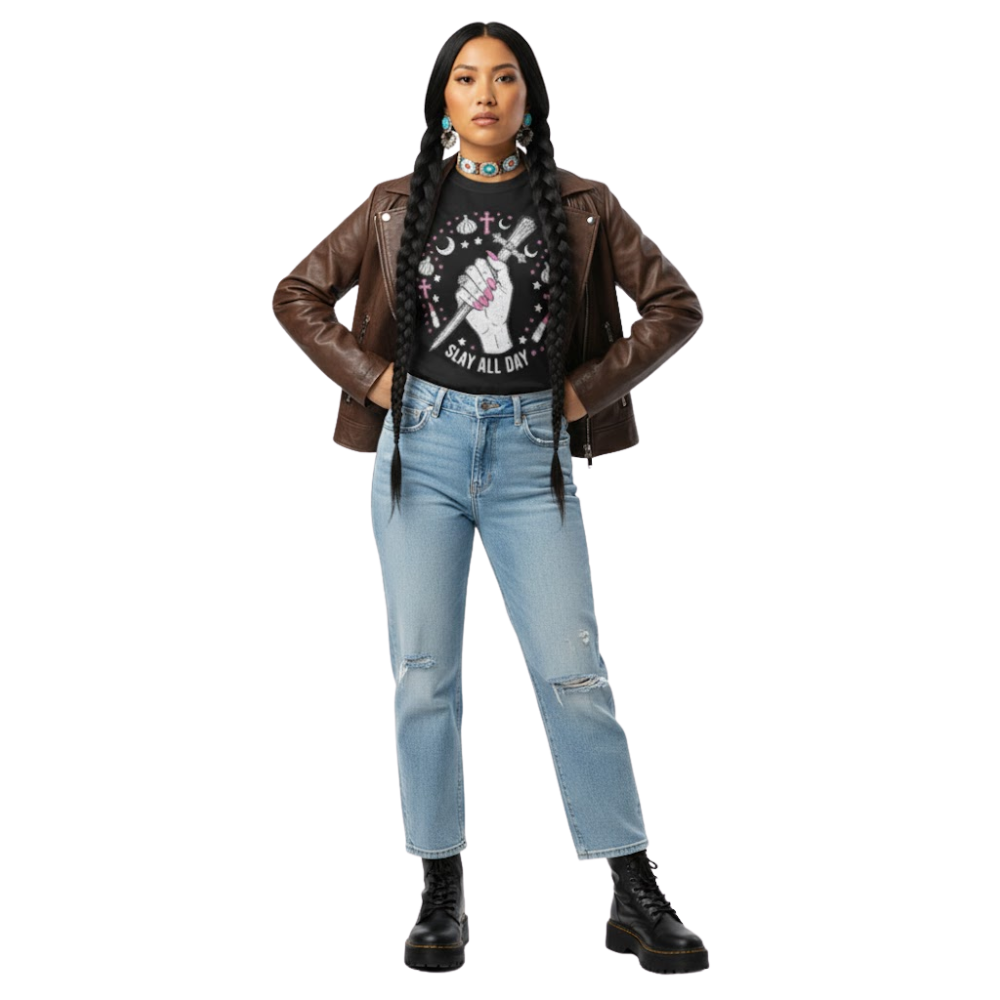 Model wearing black “Slay All Day” t-shirt with vampire-slaying stake graphic and pink details, styled with jeans and a leather jacket for an alt-girl aesthetic.