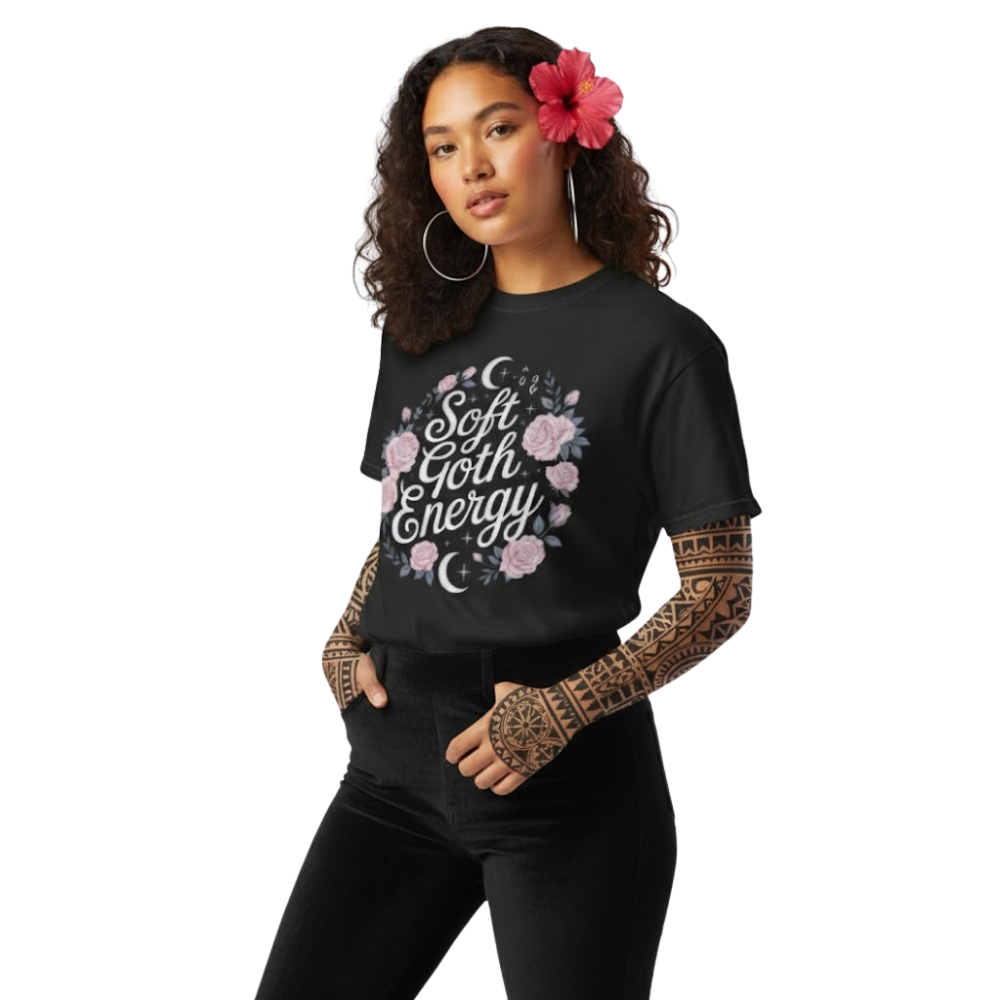 Model wearing black “Soft Goth Energy” t-shirt with pastel pink roses and moon artwork, styled for a moody, feminine, and witchy aesthetic.