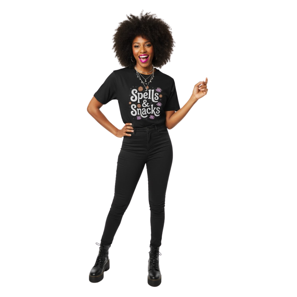 Model wearing black “Spells & Snacks” t-shirt with whimsical candy and spellbook details, styled for a cozy witch or magical casual look.
