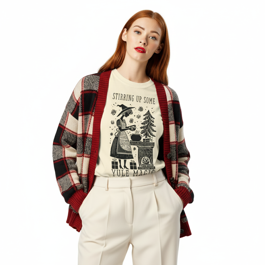 Model wearing cream “Stirring Up Some Yule Magic” t-shirt styled with flannel and winter tones, perfect for witchy holiday outfits and festive solstice vibes.