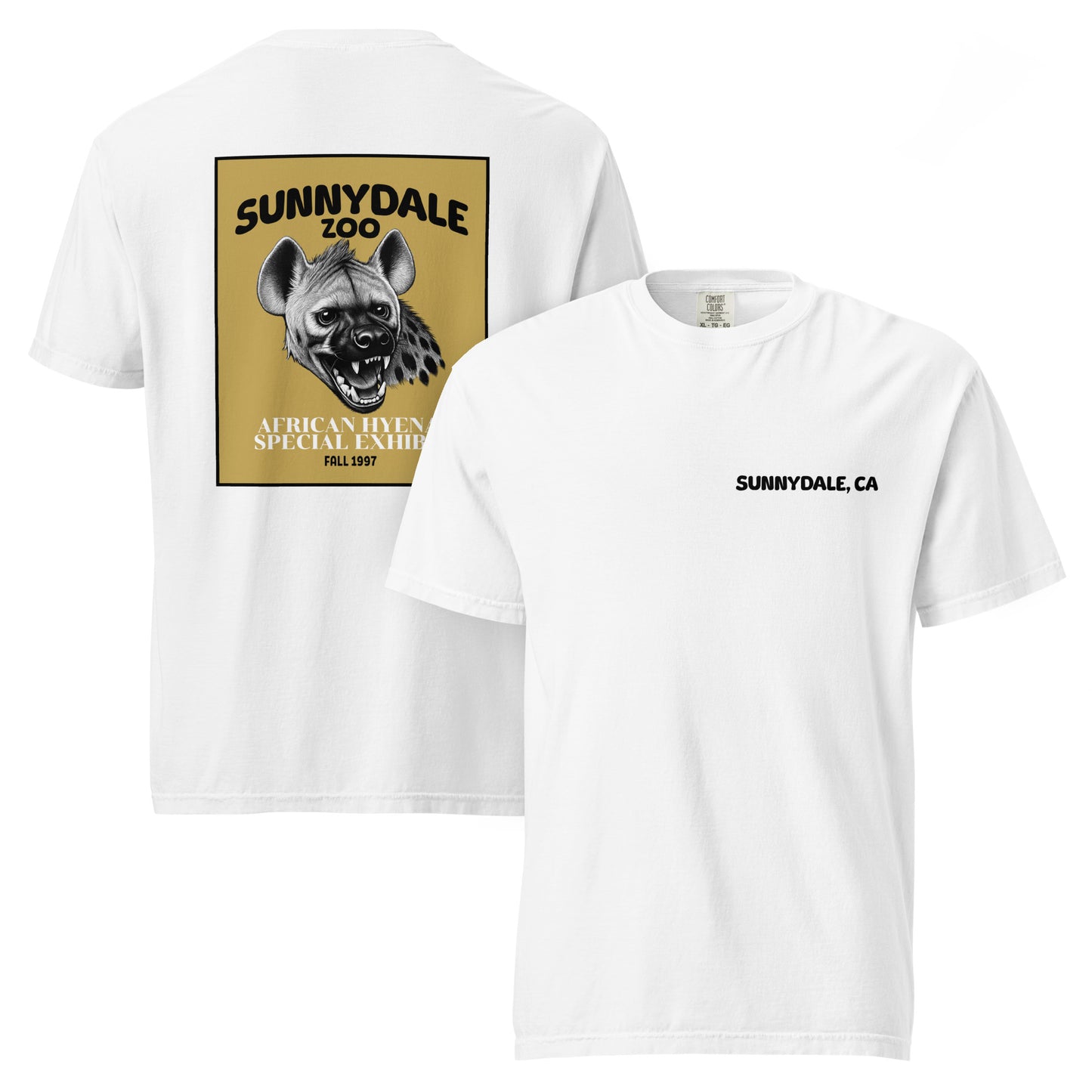 White “Sunnydale Zoo” Buffy-inspired t-shirt showing front and back details — small logo on chest and retro hyena design on back, perfect for horror and TV nostalgia lovers.