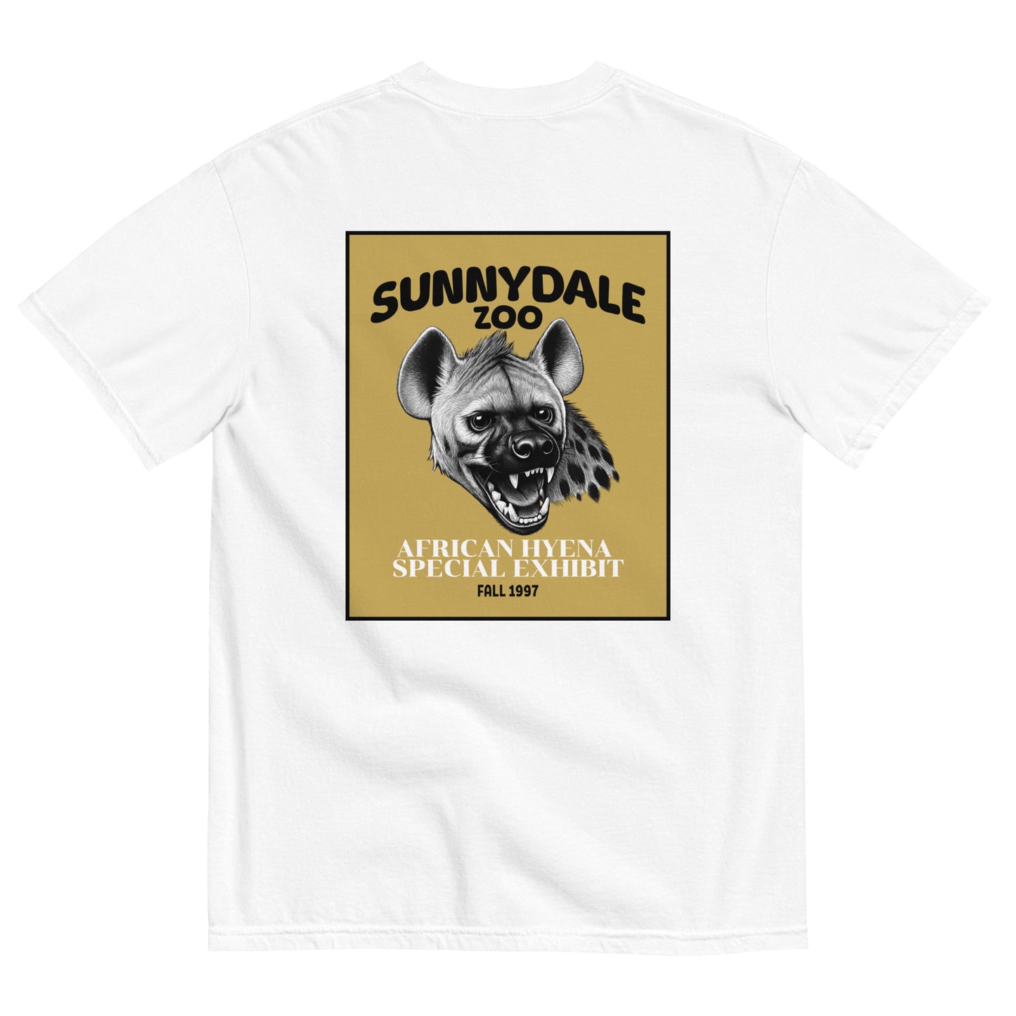 White t-shirt lay flat featuring “Sunnydale Zoo” graphic with snarling hyena and yellow background, a Buffy the Vampire Slayer–inspired design referencing the Season 1 hyena episode.