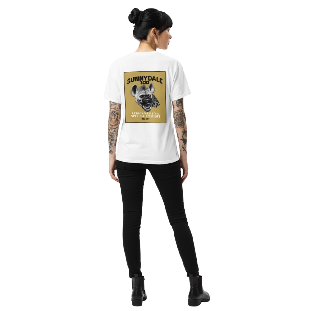Model wearing white “Sunnydale Zoo” t-shirt with vintage-style hyena exhibit print on the the back, a nostalgic Buffy tee for fans of 90s supernatural cult classics.